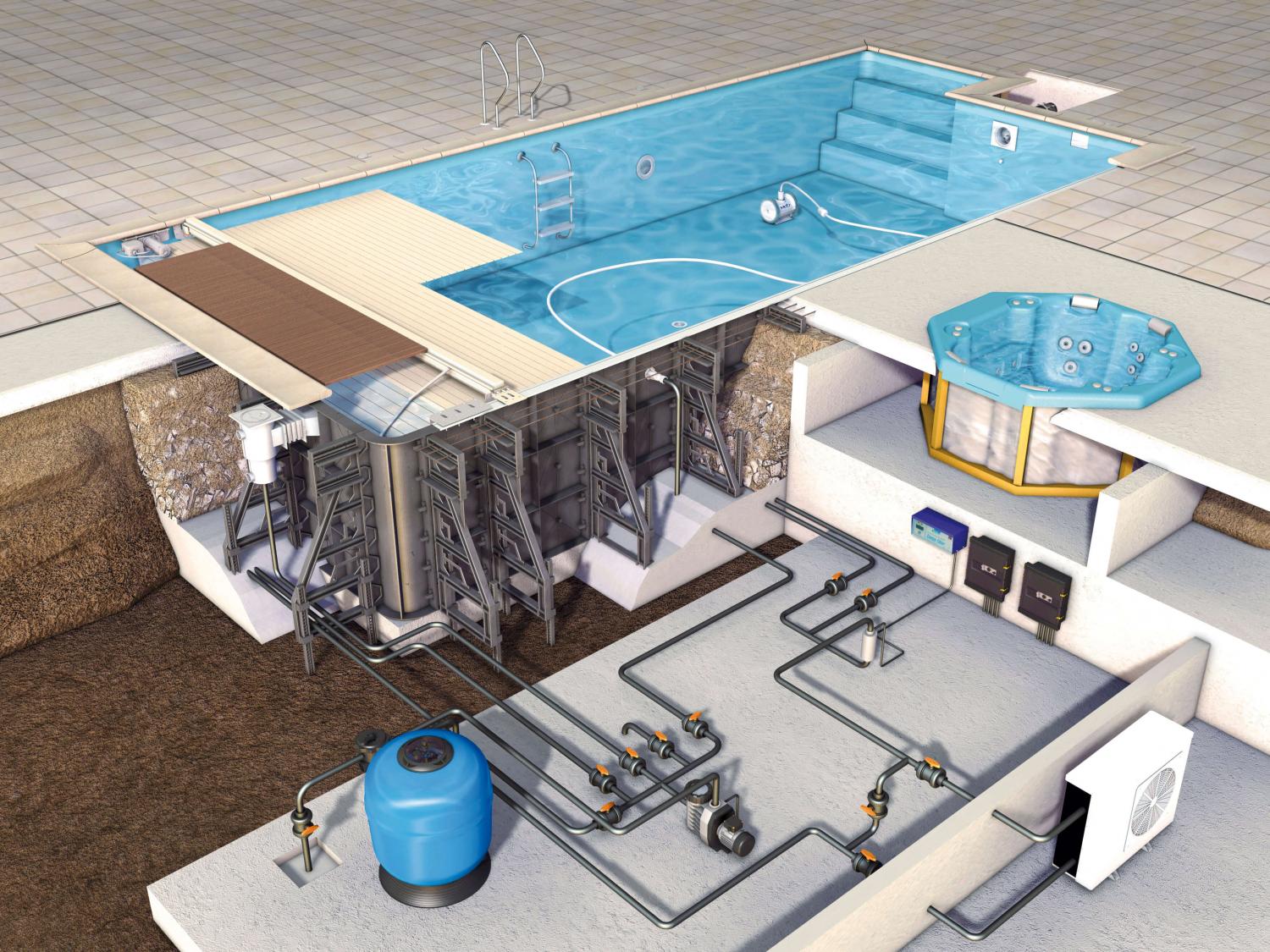 Монтаж оборудования малой и большой чаш бассейна